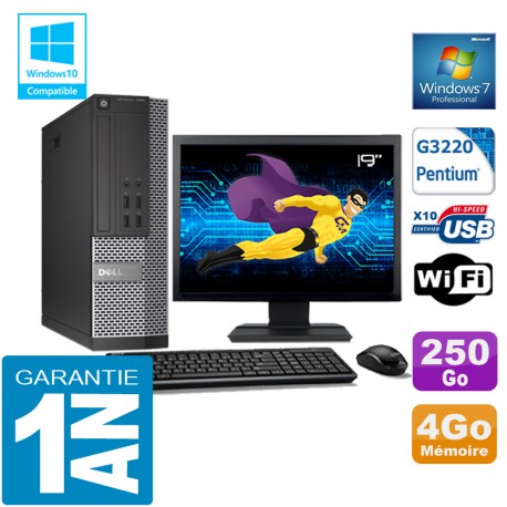 PC DELL 7020 SFF Intel G3220 Ram 4Go Disque 250 Go Wifi W7 Ecran 19"