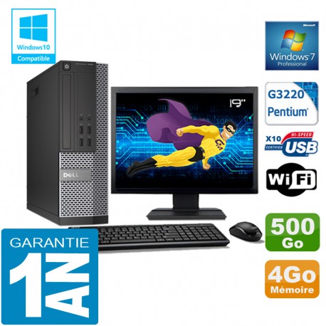 PC DELL 7020 SFF Intel G3220 Ram 4Go Disque 500 Go Wifi W7 Ecran 19"