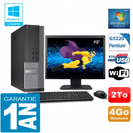 PC DELL 7020 SFF Intel G3220 Ram 4Go Disque 2 To Wifi W7 Ecran 19"