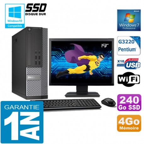 PC DELL 7020 SFF Intel G3220 Ram 4Go Disque 240 Go SSD Wifi W7 Ecran 19"