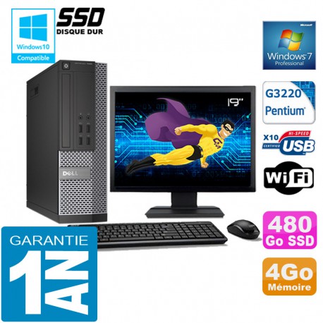 PC DELL 7020 SFF Intel G3220 Ram 4Go Disque 480 Go SSD Wifi W7 Ecran 19"