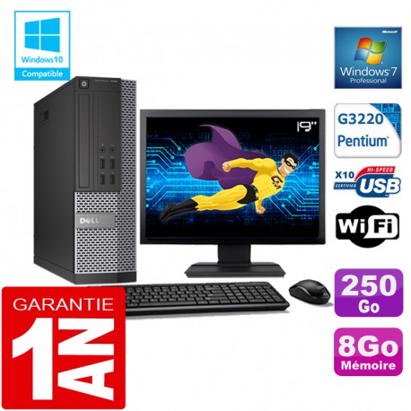 PC DELL 7020 SFF Intel G3220 Ram 8Go Disque 250 Go Wifi W7 Ecran 19"