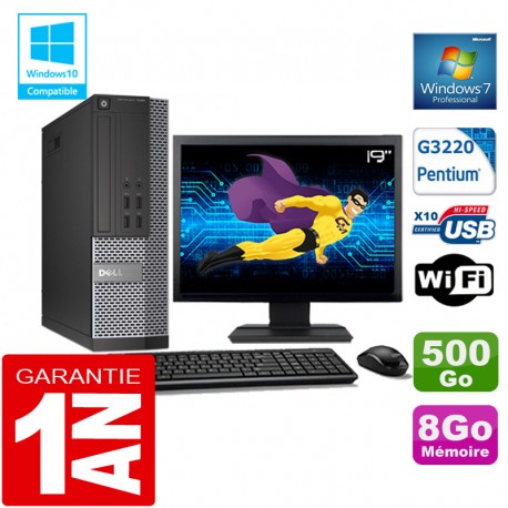 PC DELL 7020 SFF Intel G3220 Ram 8Go Disque 500 Go Wifi W7 Ecran 19"