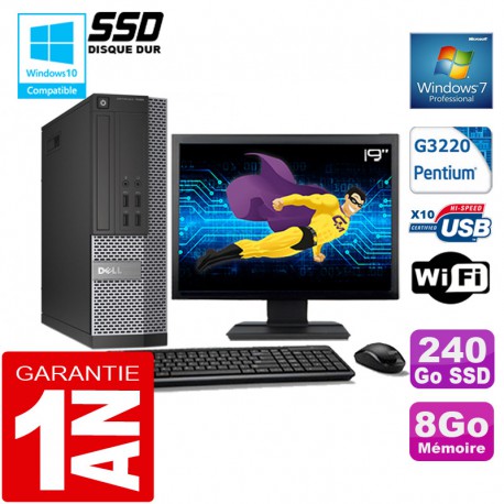 PC DELL 7020 SFF Intel G3220 Ram 8Go Disque 240 Go SSD Wifi W7 Ecran 19"