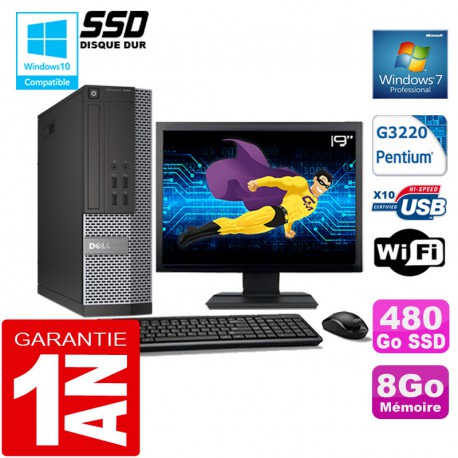 PC DELL 7020 SFF Intel G3220 Ram 8Go Disque 480 Go SSD Wifi W7 Ecran 19"