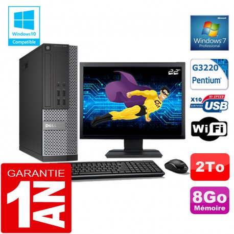 PC DELL 7020 SFF Intel G3220 Ram 8Go Disque 2 To Wifi W7 Ecran 22"