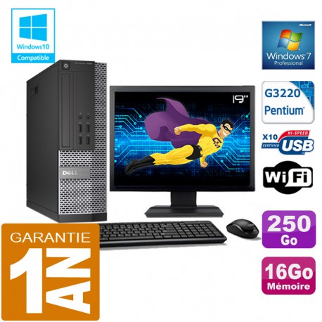 PC DELL 7020 SFF Intel G3220 Ram 16Go Disque 250 Go Wifi W7 Ecran 19"