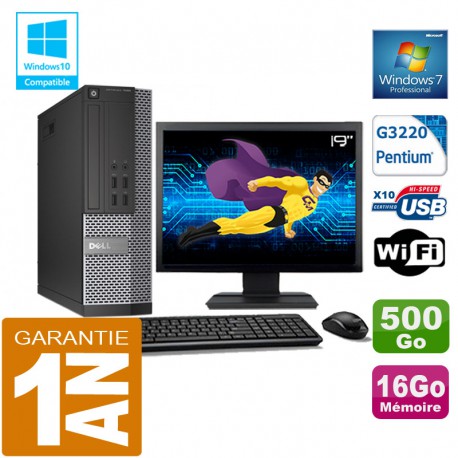 PC DELL 7020 SFF Intel G3220 Ram 16Go Disque 500 Go Wifi W7 Ecran 19"