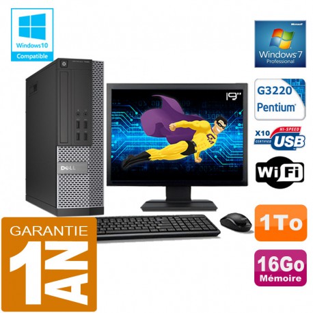 PC DELL 7020 SFF Intel G3220 Ram 16Go Disque 1 To Wifi W7 Ecran 19"