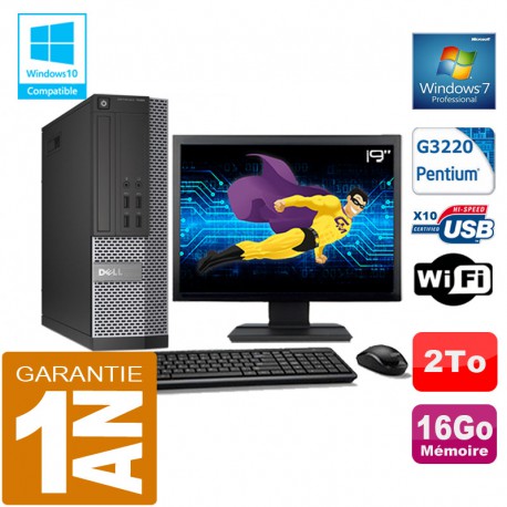 PC DELL 7020 SFF Intel G3220 Ram 16Go Disque 2 To Wifi W7 Ecran 19"