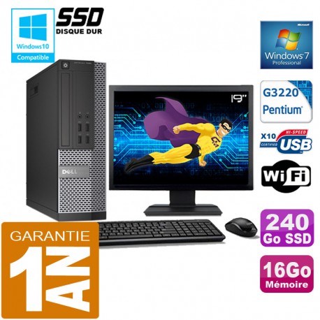 PC DELL 7020 SFF Intel G3220 Ram 16Go Disque 240 Go SSD Wifi W7 Ecran 19"