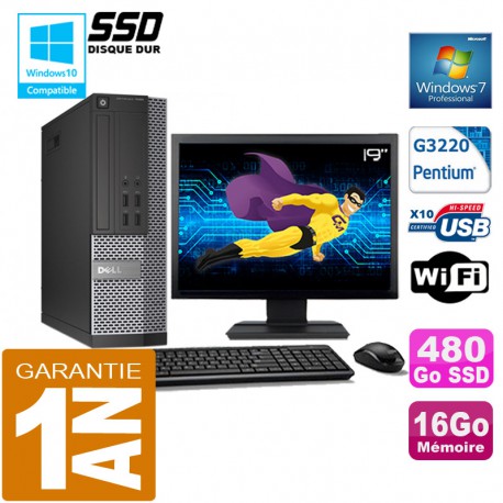 PC DELL 7020 SFF Intel G3220 Ram 16Go Disque 480 Go SSD Wifi W7 Ecran 19"