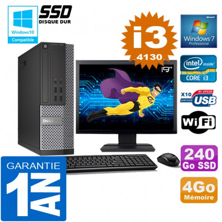 PC DELL 7020 SFF Core I3-4130 Ram 4Go Disque 240 Go SSD Wifi W7 Ecran 19"