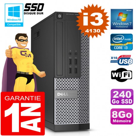 PC DELL 7020 SFF Core I3-4130 Ram 8Go Disque 240 Go SSD Graveur DVD Wifi W7