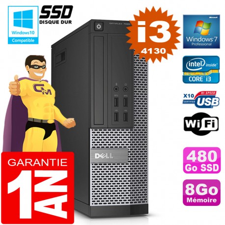 PC DELL 7020 SFF Core I3-4130 Ram 8Go Disque 480 Go SSD Graveur DVD Wifi W7