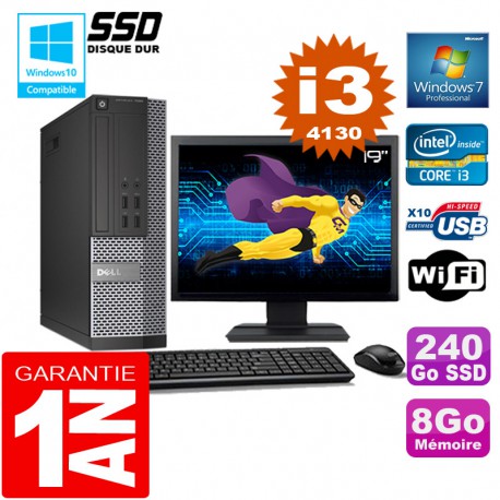 PC DELL 7020 SFF Core I3-4130 Ram 8Go Disque 240 Go SSD Wifi W7 Ecran 19"