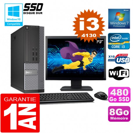 PC DELL 7020 SFF Core I3-4130 Ram 8Go Disque 480 Go SSD Wifi W7 Ecran 19"