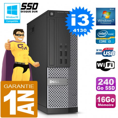 PC DELL 7020 SFF Core I3-4130 Ram 16Go Disque 240 Go SSD Graveur DVD Wifi W7