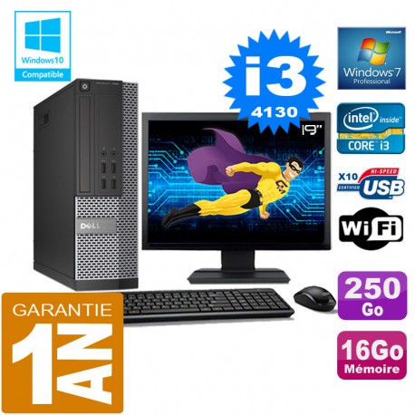 PC DELL 7020 SFF Core I3-4130 Ram 16Go Disque 250 Go Wifi W7 Ecran 19"