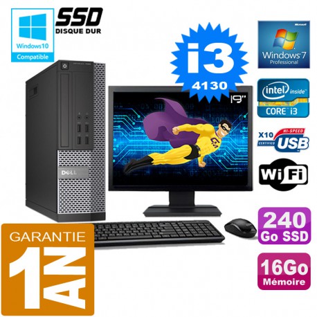 PC DELL 7020 SFF Core I3-4130 Ram 16Go Disque 240 Go SSD Wifi W7 Ecran 19"