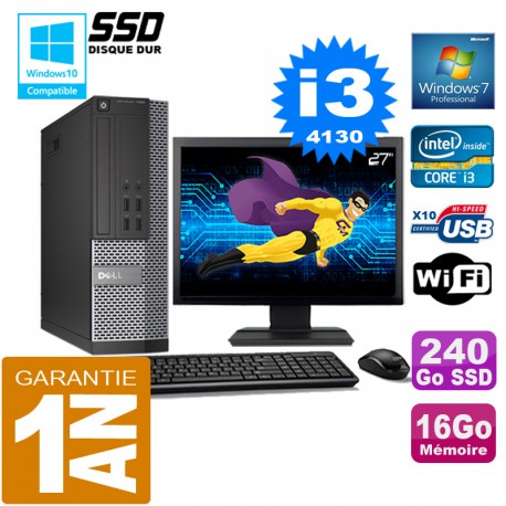 PC DELL 7020 SFF Core I3-4130 Ram 16Go Disque 240 Go SSD Wifi W7 Ecran 27"