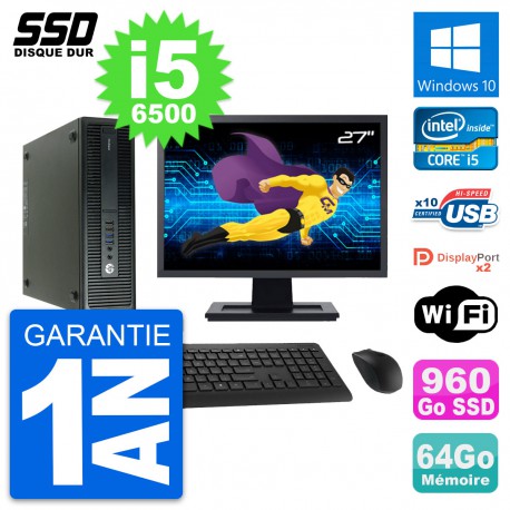 PC HP 600 G2 SFF Ecran 27" Intel Core i5-6500 RAM 64Go SSD 960Go Windows 10 Wifi