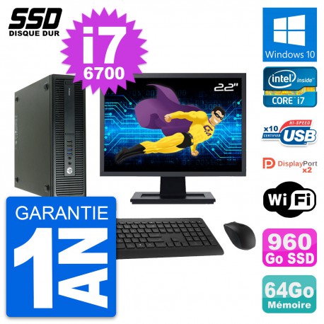 PC HP 600 G2 SFF Ecran 22" Intel Core i7-6700 RAM 64Go SSD 960Go Windows 10 Wifi