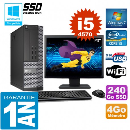 PC DELL 7020 SFF Core I5-4570 Ram 4Go Disque 240 Go SSD Wifi W7 Ecran 19"