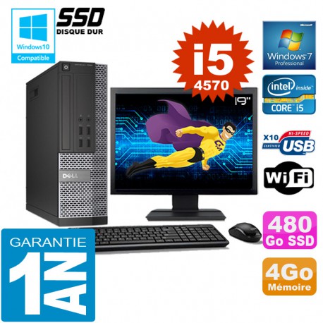 PC DELL 7020 SFF Core I5-4570 Ram 4Go Disque 480 Go SSD Wifi W7 Ecran 19"