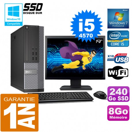 PC DELL 7020 SFF Core I5-4570 Ram 8Go Disque 240 Go SSD Wifi W7 Ecran 19"