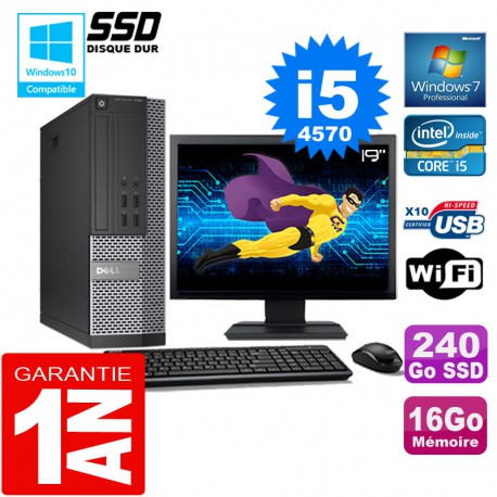 PC DELL 7020 SFF Core I5-4570 Ram 16Go Disque 240 Go SSD Wifi W7 Ecran 19"