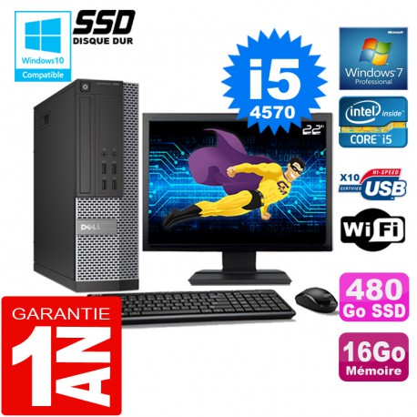 PC DELL 7020 SFF Core I5-4570 Ram 16Go Disque 480 Go SSD Wifi W7 Ecran 22"