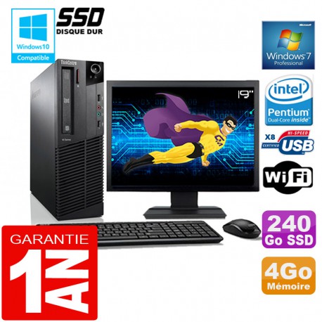 PC Lenovo M92p SFF Intel G630 Ram 4Go Disque 240 Go SSD Wifi W7 Ecran 19"