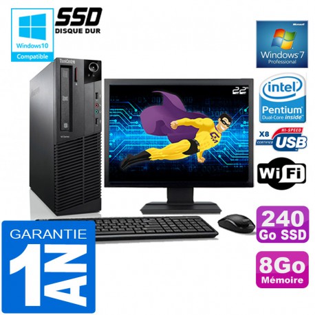 PC Lenovo M92p SFF Intel G630 Ram 8Go Disque 240 Go SSD Wifi W7 Ecran 22"