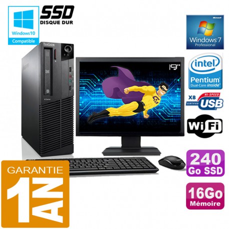 PC Lenovo M92p SFF Intel G630 Ram 16Go Disque 240 Go SSD Wifi W7 Ecran 19"