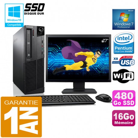 PC Lenovo M92p SFF Intel G630 Ram 16Go Disque 480 Go SSD Wifi W7 Ecran 27"