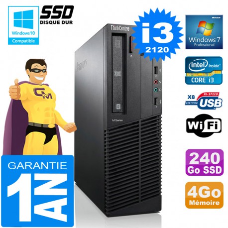 PC Lenovo M92p SFF Core I3-2120 Ram 4Go Disque 240 Go SSD Graveur DVD Wifi W7