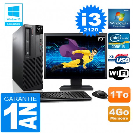 PC Lenovo M92p SFF Core I3-2120 Ram 4Go Disque 1 To Wifi W7 Ecran 19"