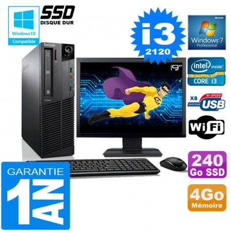 PC Lenovo M92p SFF Core I3-2120 Ram 4Go Disque 240 Go SSD Wifi W7 Ecran 19"