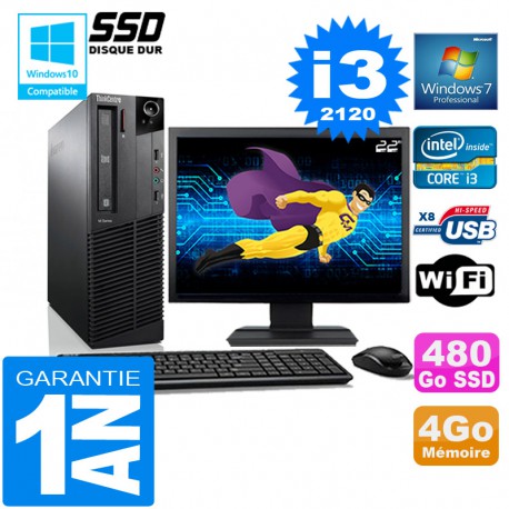 PC Lenovo M92p SFF Core I3-2120 Ram 4Go Disque 480 Go SSD Wifi W7 Ecran 22"