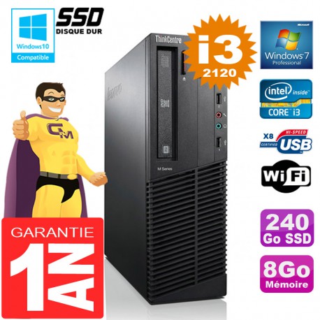 PC Lenovo M92p SFF Core I3-2120 Ram 8Go Disque 240 Go SSD Graveur DVD Wifi W7