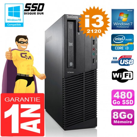 PC Lenovo M92p SFF Core I3-2120 Ram 8Go Disque 480 Go SSD Graveur DVD Wifi W7