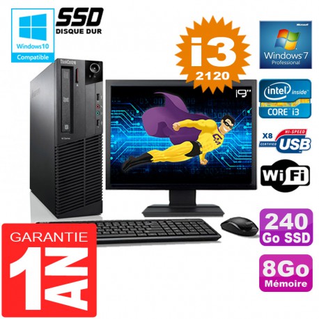 PC Lenovo M92p SFF Core I3-2120 Ram 8Go Disque 240 Go SSD Wifi W7 Ecran 19"