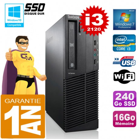 PC Lenovo M92p SFF Core I3-2120 Ram 16Go Disque 240 Go SSD Graveur DVD Wifi W7