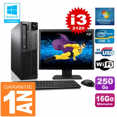 PC Lenovo M92p SFF Core I3-2120 Ram 16Go Disque 250 Go Wifi W7 Ecran 19"