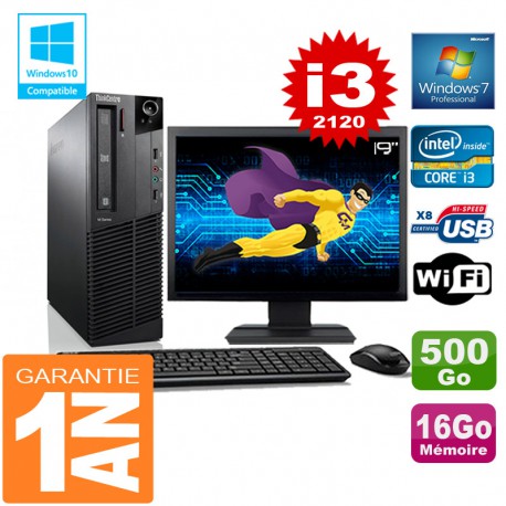 PC Lenovo M92p SFF Core I3-2120 Ram 16Go Disque 500 Go Wifi W7 Ecran 19"