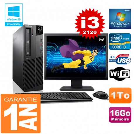 PC Lenovo M92p SFF Core I3-2120 Ram 16Go Disque 1 To Wifi W7 Ecran 19"