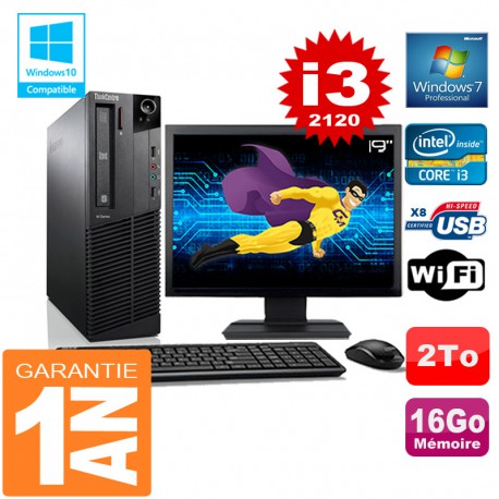 PC Lenovo M92p SFF Core I3-2120 Ram 16Go Disque 2 To Wifi W7 Ecran 19"