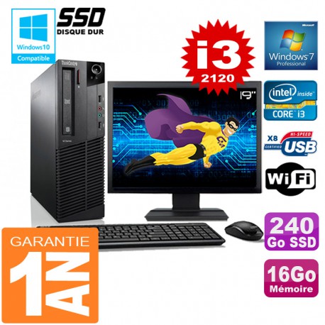 PC Lenovo M92p SFF Core I3-2120 Ram 16Go Disque 240 Go SSD Wifi W7 Ecran 19"