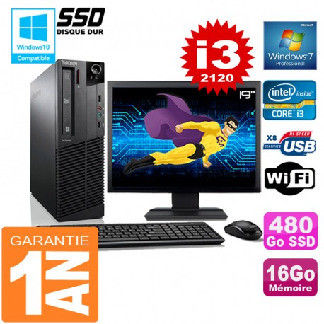 PC Lenovo M92p SFF Core I3-2120 Ram 16Go Disque 480 Go SSD Wifi W7 Ecran 19"